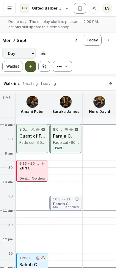 The same demo business's calendar on mobile, showing one team member's appointments.