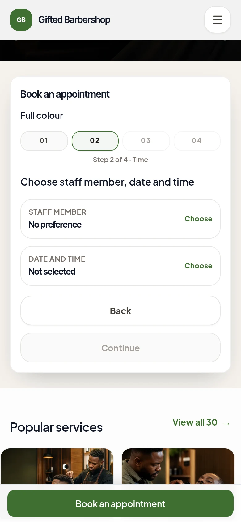 Gifted Barbershop's mobile booking flow with Full colour selected and controls to choose staff, date and time.